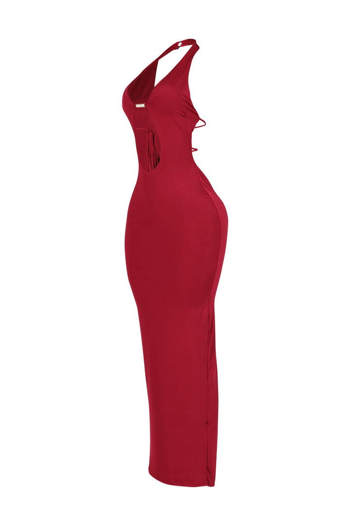 Halter midi dress with plunging neckline joined at the center bust featuring keyhole cutout with metallic hardware detail