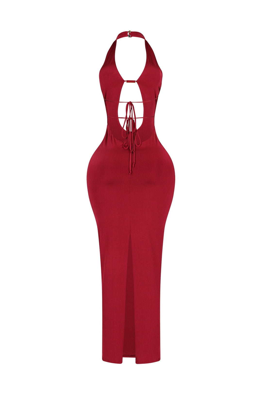 Halter midi dress with plunging neckline joined at the center bust featuring keyhole cutout with metallic hardware detail