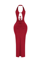 Halter midi dress with plunging neckline joined at the center bust featuring keyhole cutout with metallic hardware detail