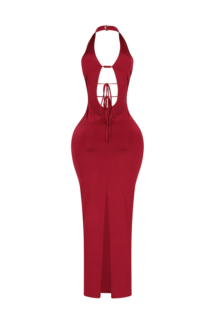 Halter midi dress with plunging neckline joined at the center bust featuring keyhole cutout with metallic hardware detail