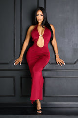 Halter midi dress with plunging neckline joined at the center bust featuring keyhole cutout with metallic hardware detail