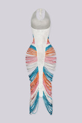 Handcrafted crochet knit maxi dress with a plunging halter neckline, back view