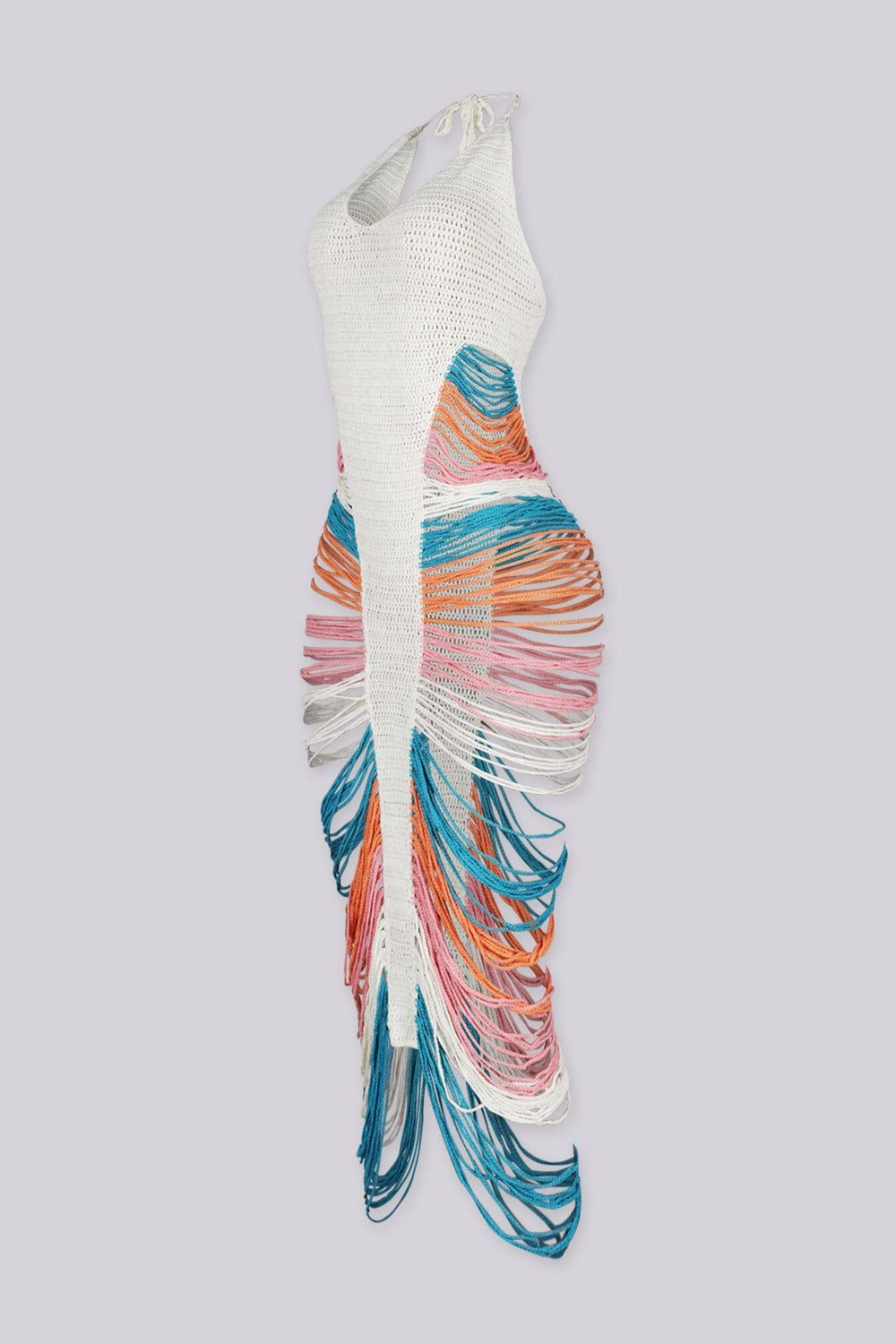 Handcrafted crochet knit maxi dress with a plunging halter neckline, side view