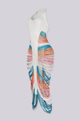 Handcrafted crochet knit maxi dress with a plunging halter neckline, side view