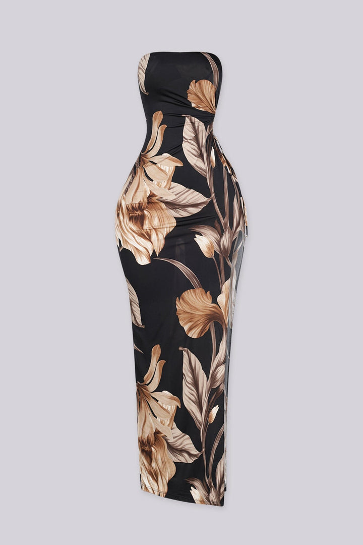 Tropical tube top maxi dress with ruched side details and side slit, 
Slip on closure