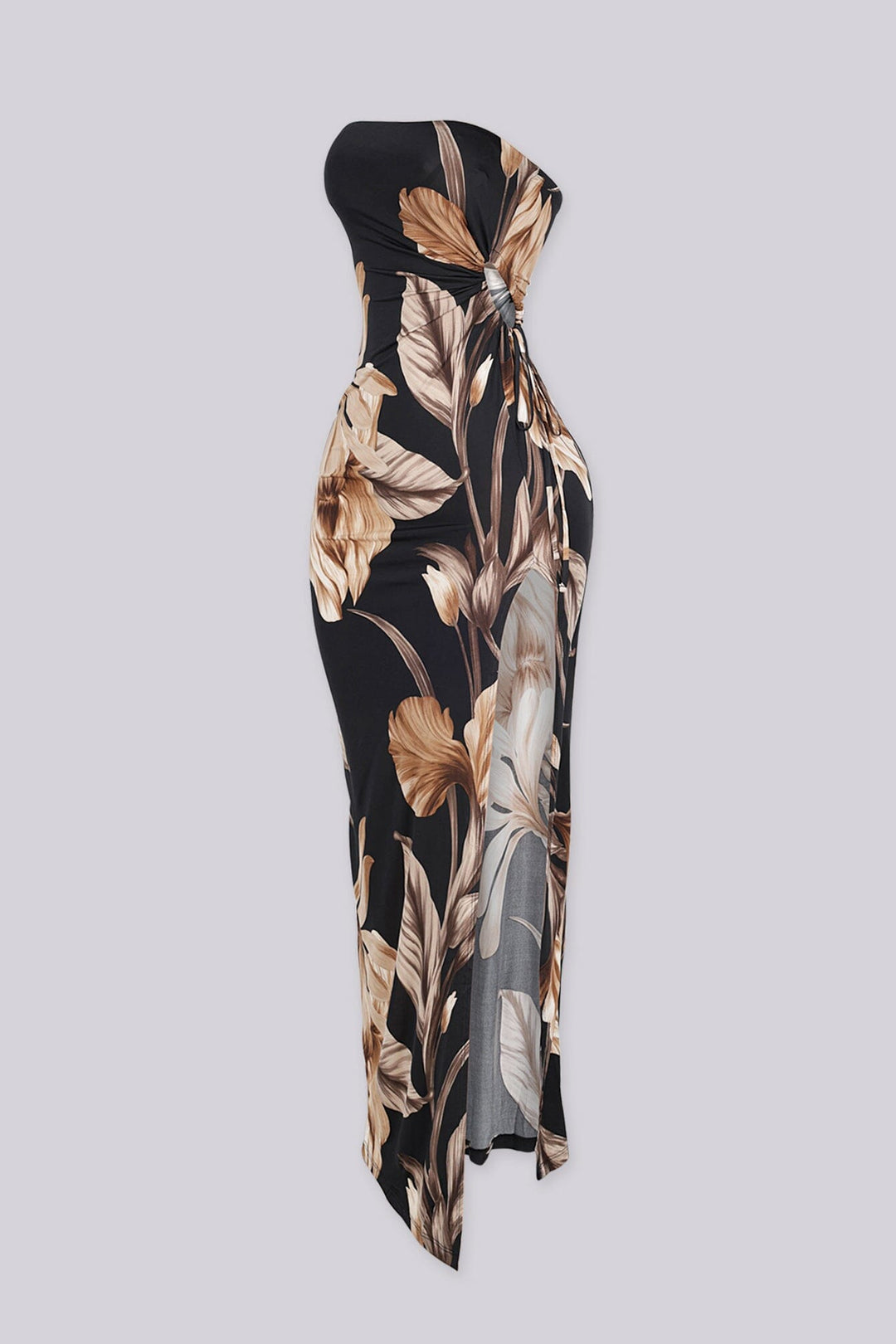Tropical tube top maxi dress with ruched side details and side slit, 
Slip on closure