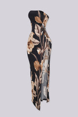 Tropical tube top maxi dress with ruched side details and side slit, 
Slip on closure