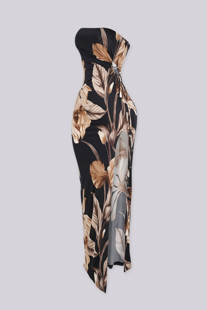 Tropical tube top maxi dress with ruched side details and side slit, 
Slip on closure