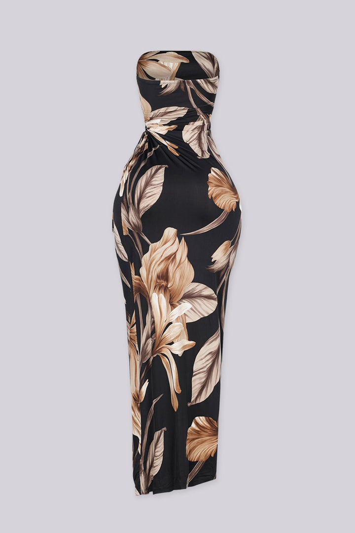 Tropical tube top maxi dress with ruched side details and side slit, 
Slip on closure