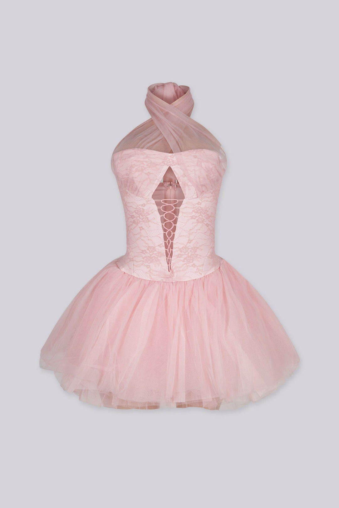 Lace corset mini dress with voluminous tulle skirt, Crossover halter neck with sheer organza tie detail