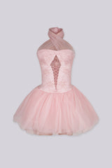 Lace corset mini dress with voluminous tulle skirt, Crossover halter neck with sheer organza tie detail
