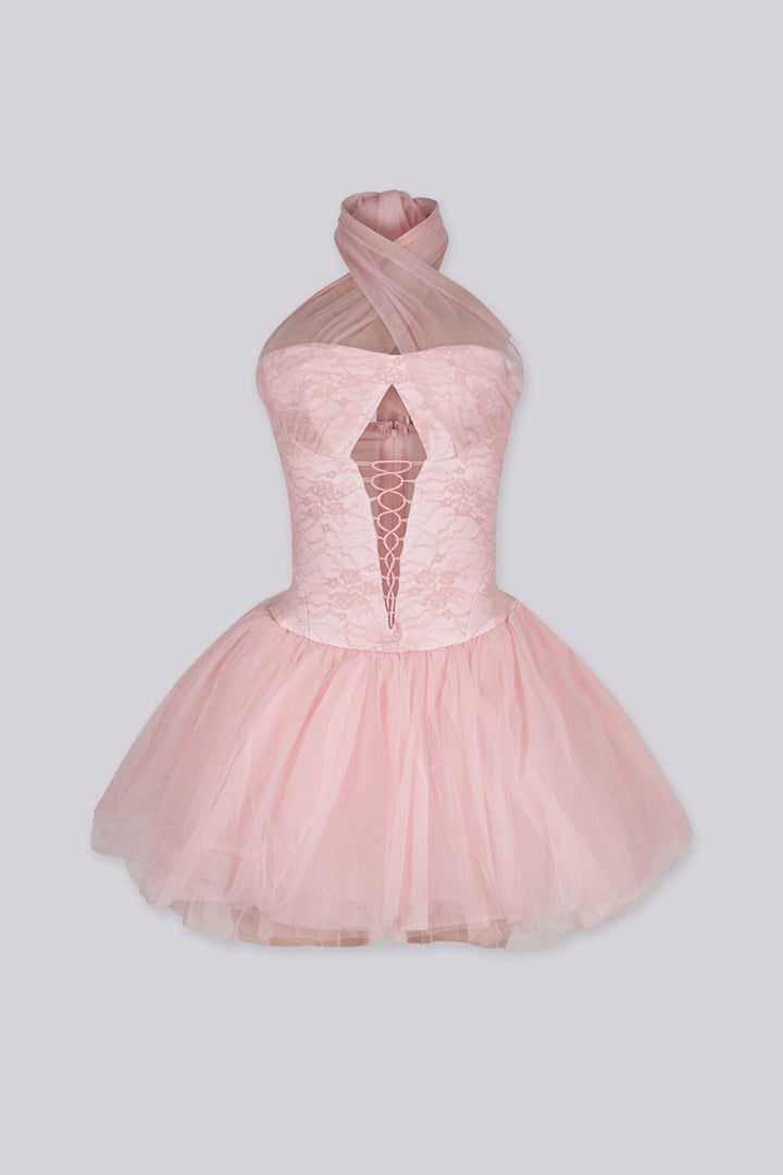 Lace corset mini dress with voluminous tulle skirt, Crossover halter neck with sheer organza tie detail