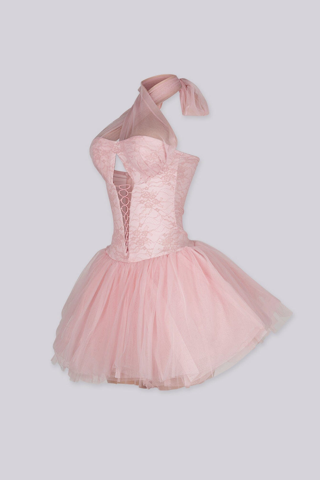 Lace corset mini dress with voluminous tulle skirt, Crossover halter neck with sheer organza tie detail