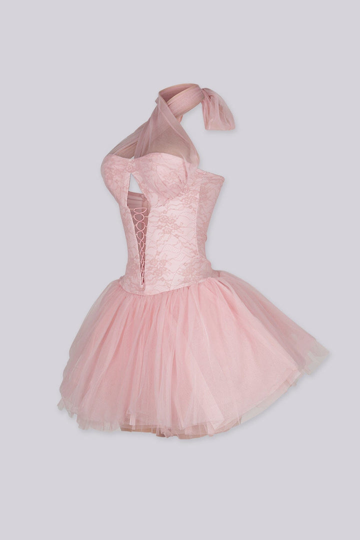 Lace corset mini dress with voluminous tulle skirt, Crossover halter neck with sheer organza tie detail