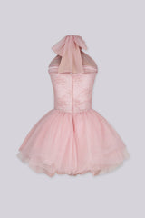 Lace corset mini dress with voluminous tulle skirt, Crossover halter neck with sheer organza tie detail