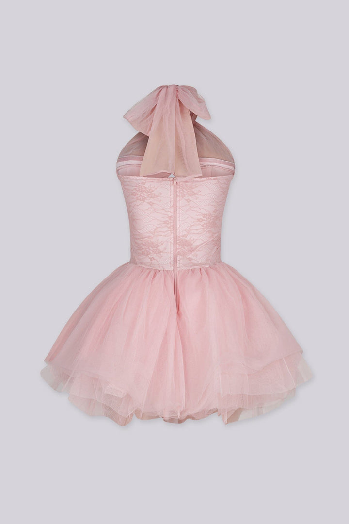 Lace corset mini dress with voluminous tulle skirt, Crossover halter neck with sheer organza tie detail