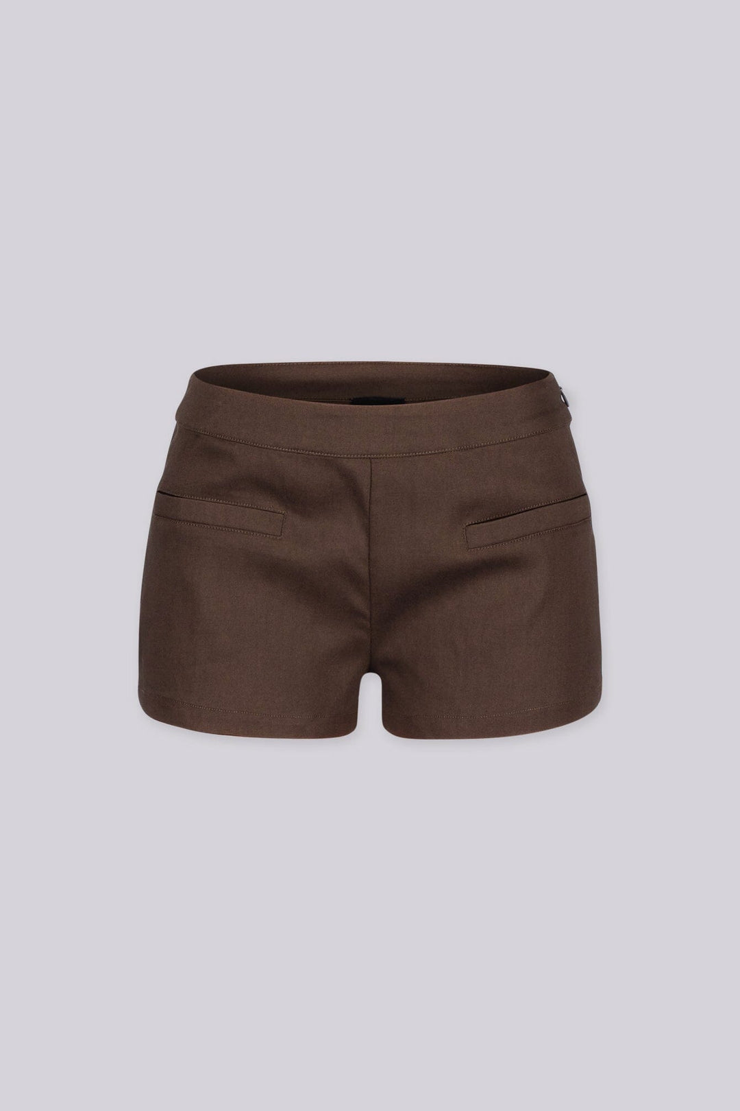EDGEBYKS - Sleek low-rise waistband mini shorts with twin welt pockets at the front, brown front view