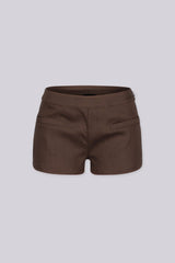 EDGEBYKS - Sleek low-rise waistband mini shorts with twin welt pockets at the front, brown front view