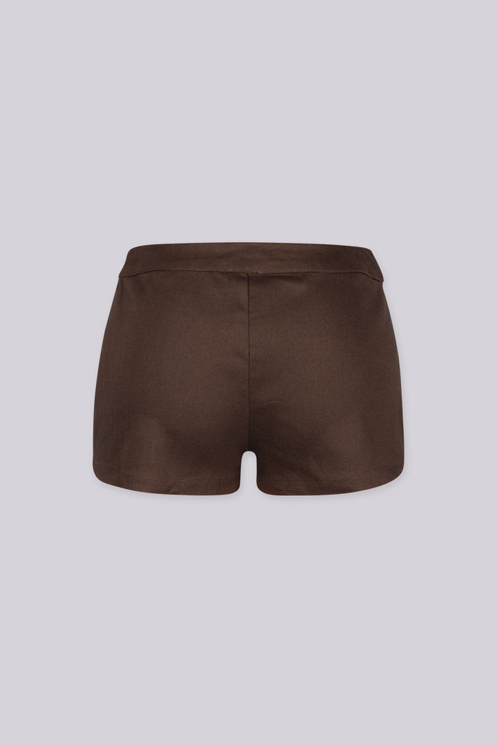 Sleek low-rise waistband mini shorts with twin welt pockets at the front, brown back view
