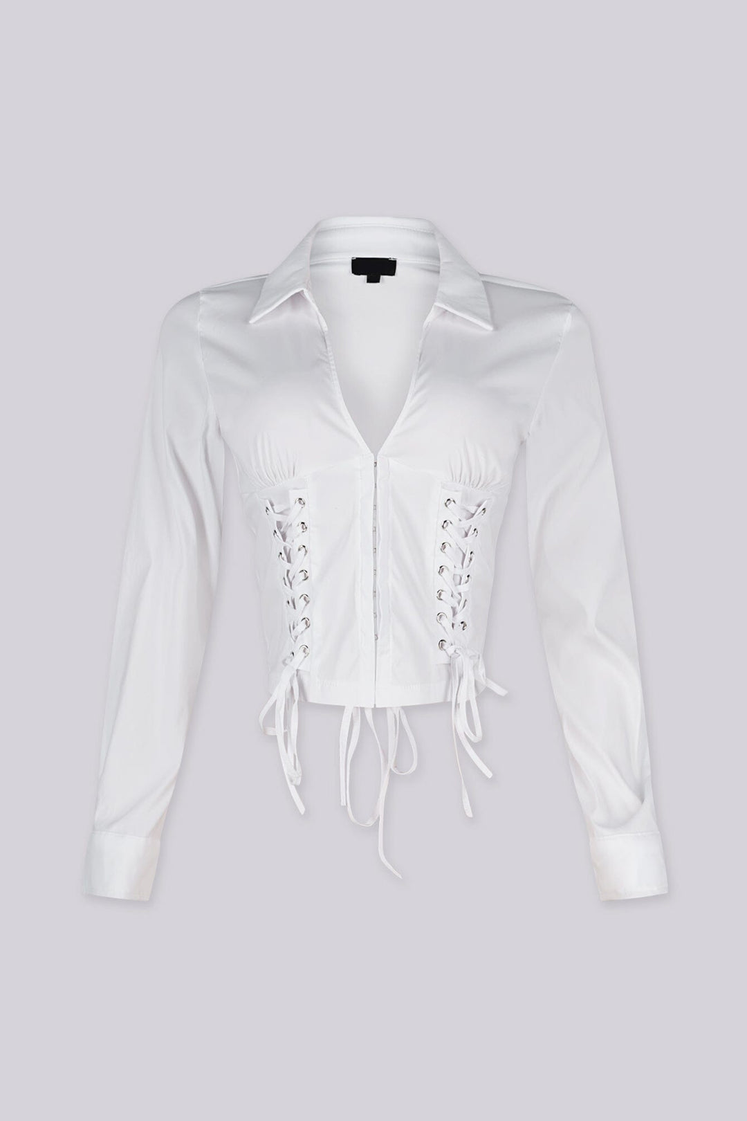 Long sleeves pointed collar poplin blouse with a plunging open front neckline