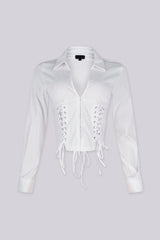 Long sleeves pointed collar poplin blouse with a plunging open front neckline