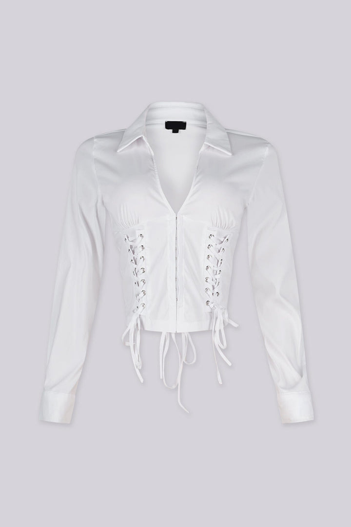 Long sleeves pointed collar poplin blouse with a plunging open front neckline
