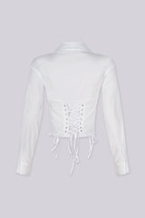 Long sleeves pointed collar poplin blouse with a plunging open front neckline