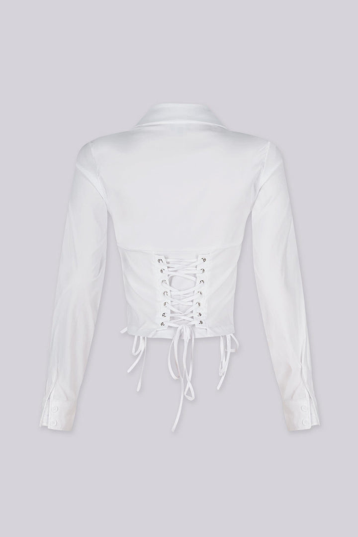 Long sleeves pointed collar poplin blouse with a plunging open front neckline