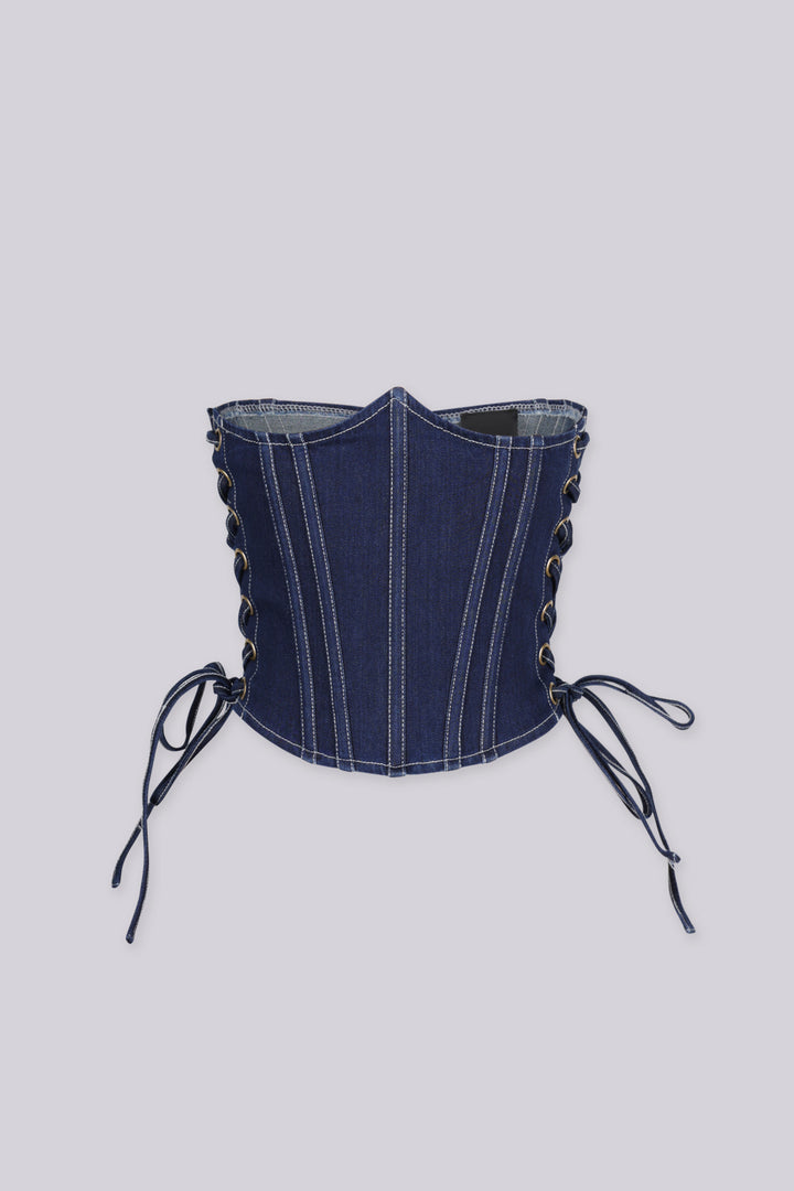 Denim underbust corset belt with a structured boned bodice