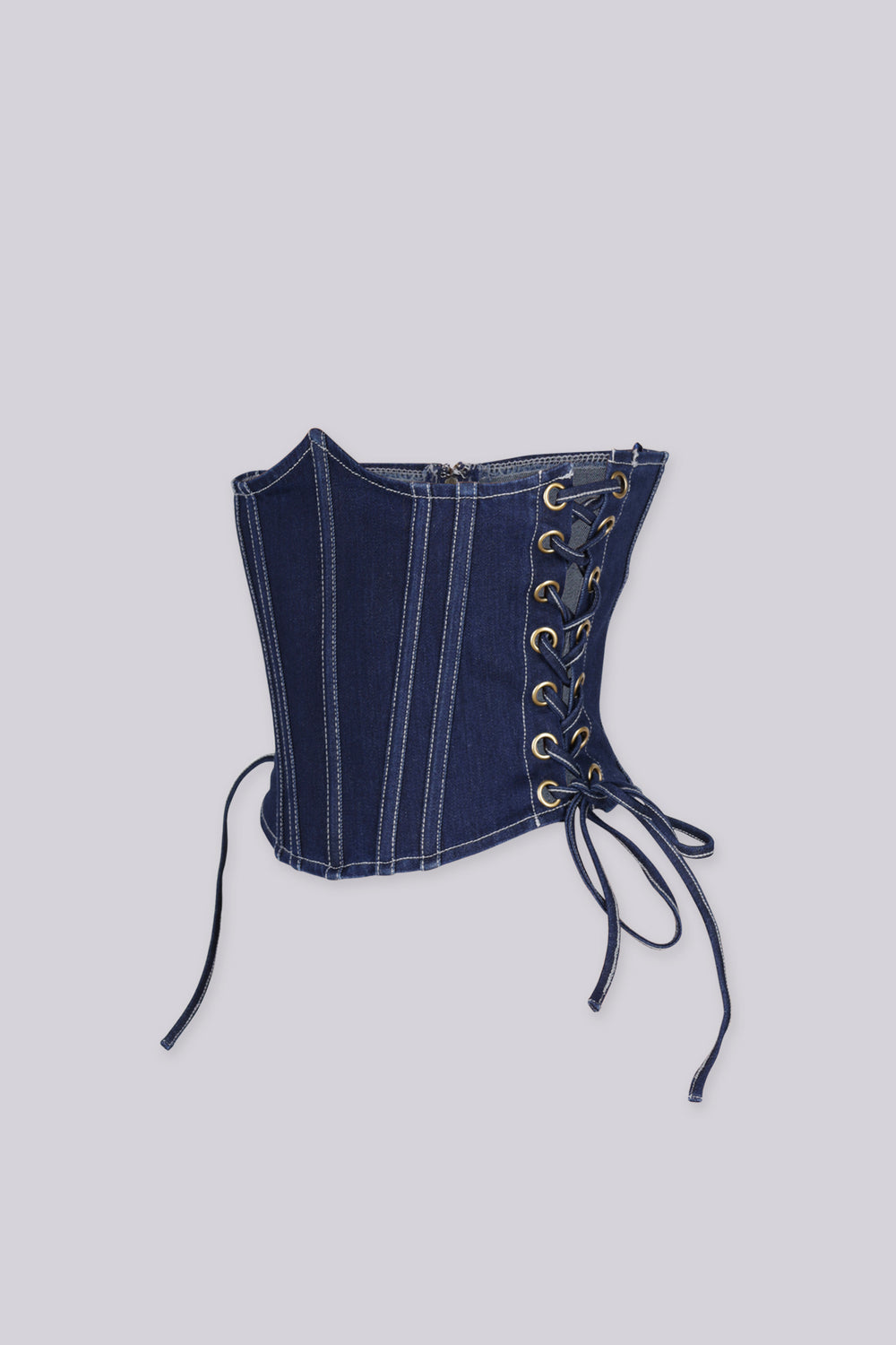 Denim underbust corset belt with a structured boned bodice
