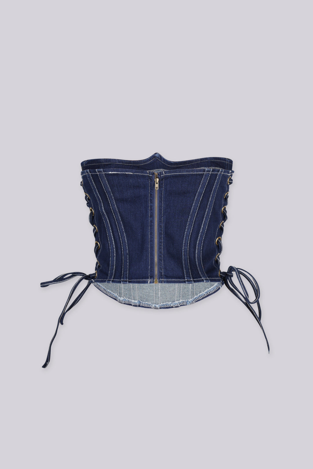 Denim underbust corset belt with a structured boned bodice