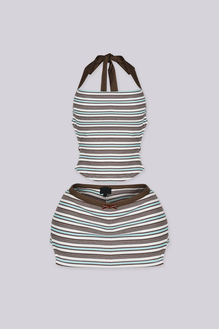 EDGEBYKS - Halter neckline ribbed knit crop top, Open back with adjustable double tie closure, front view