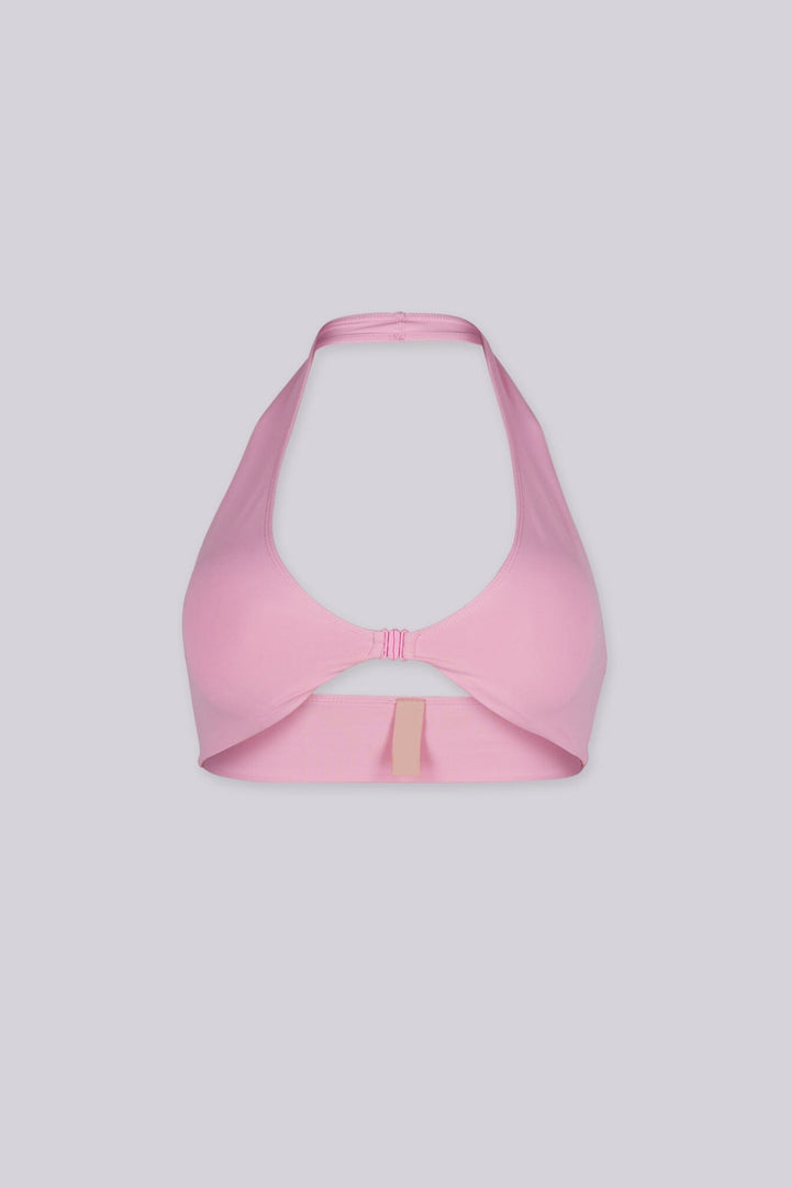 EDGEBYKS - Halter neckline stretch bikini top, Front slide-and-snap closure, pink front view