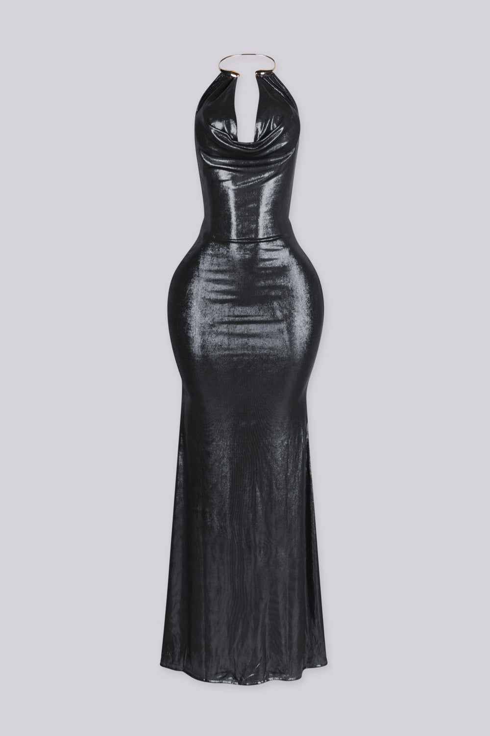 Metallic sheen halter maxi dress with draped cowl neckline featuring gold metal choker neckpiece detailing