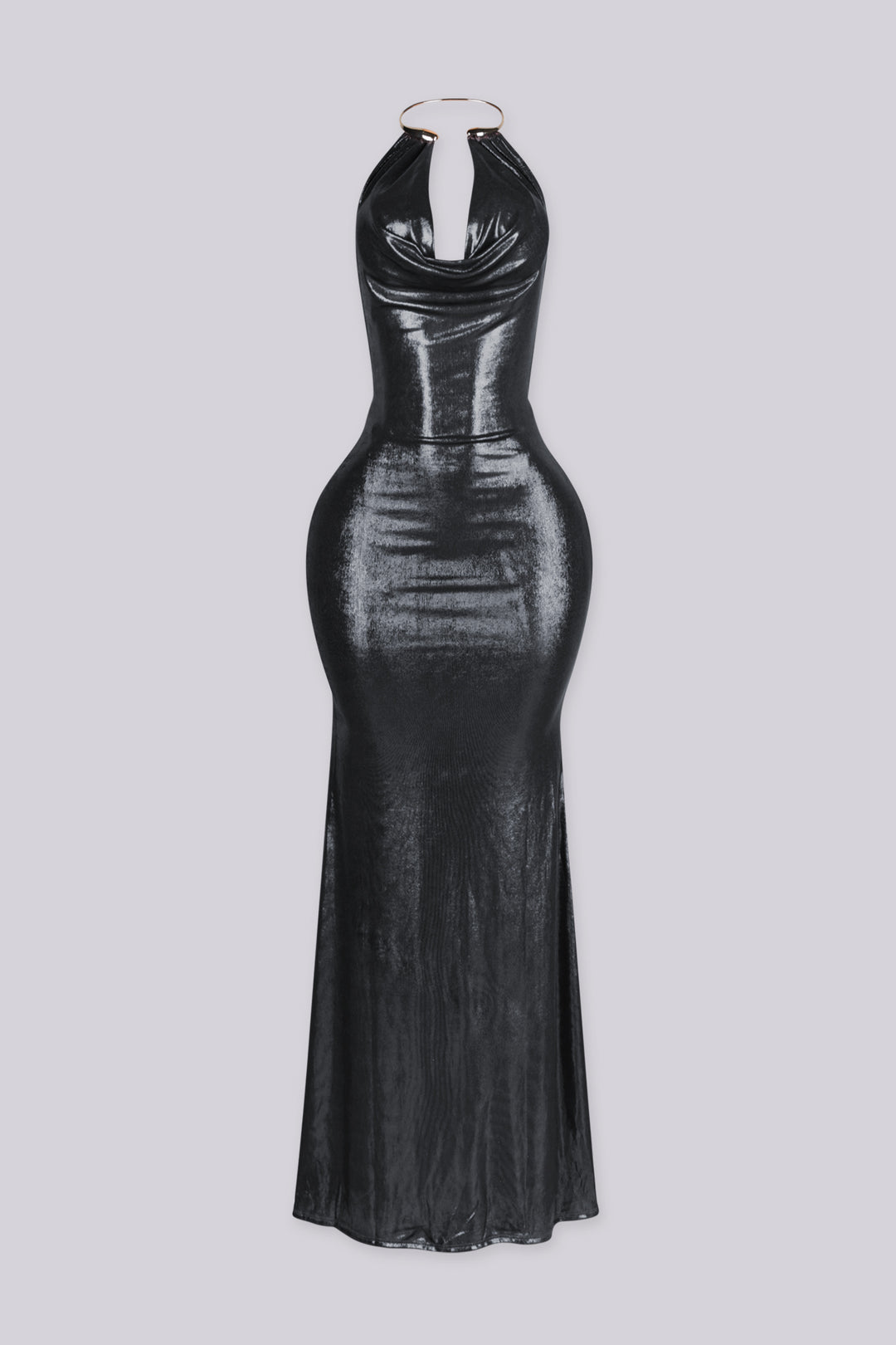 Metallic sheen halter maxi dress with draped cowl neckline featuring gold metal choker neckpiece detailing
