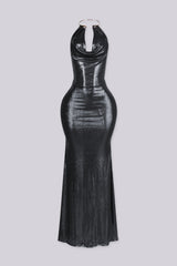 Metallic sheen halter maxi dress with draped cowl neckline featuring gold metal choker neckpiece detailing