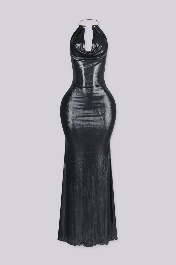 Metallic sheen halter maxi dress with draped cowl neckline featuring gold metal choker neckpiece detailing