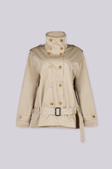 Short trench style jacket with high stand collar
Double breasted button closure