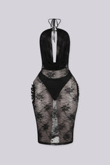 Black sheer lace midi dress with halter neckline