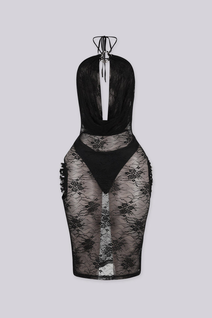 Black sheer lace midi dress with halter neckline