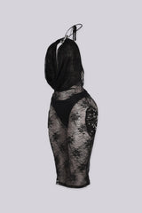 Black sheer lace midi dress with halter neckline