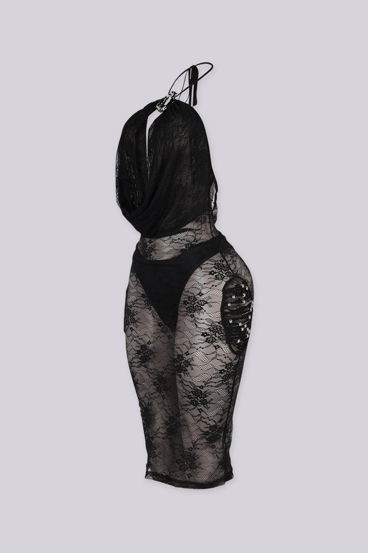 Black sheer lace midi dress with halter neckline