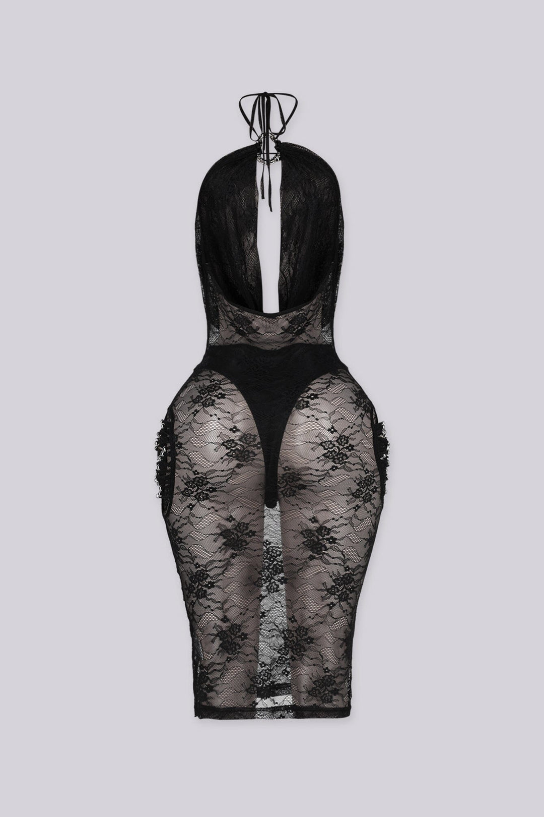 Black sheer lace midi dress with halter neckline