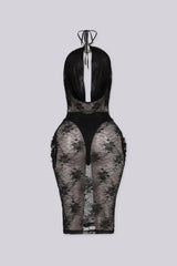 Black sheer lace midi dress with halter neckline