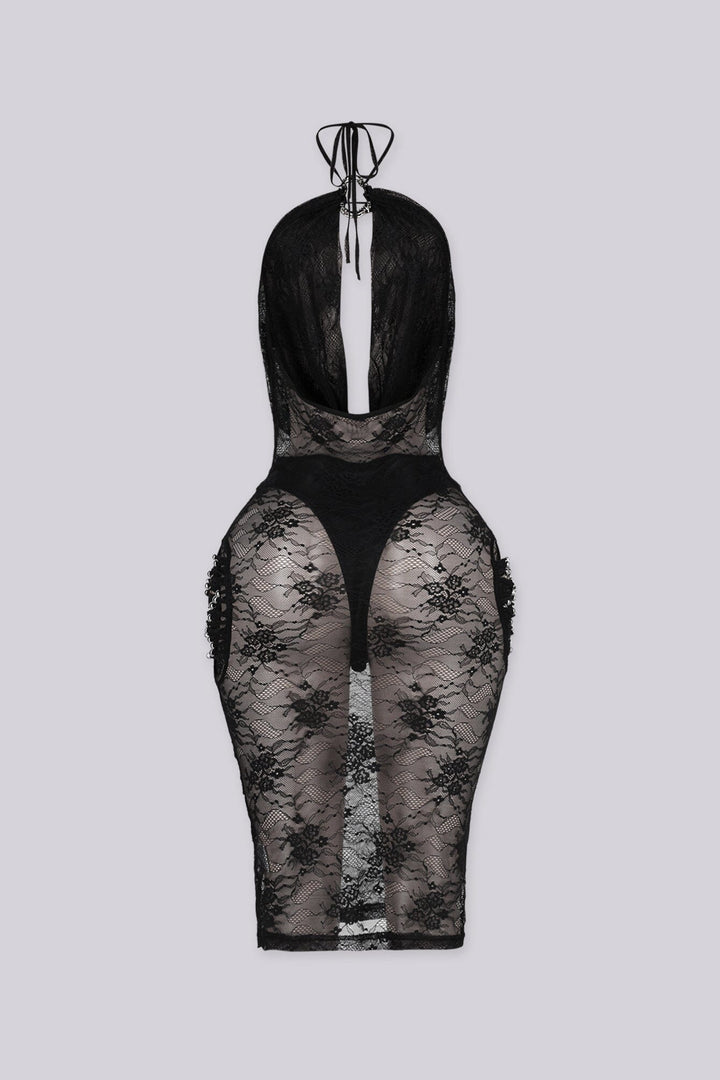 Black sheer lace midi dress with halter neckline
