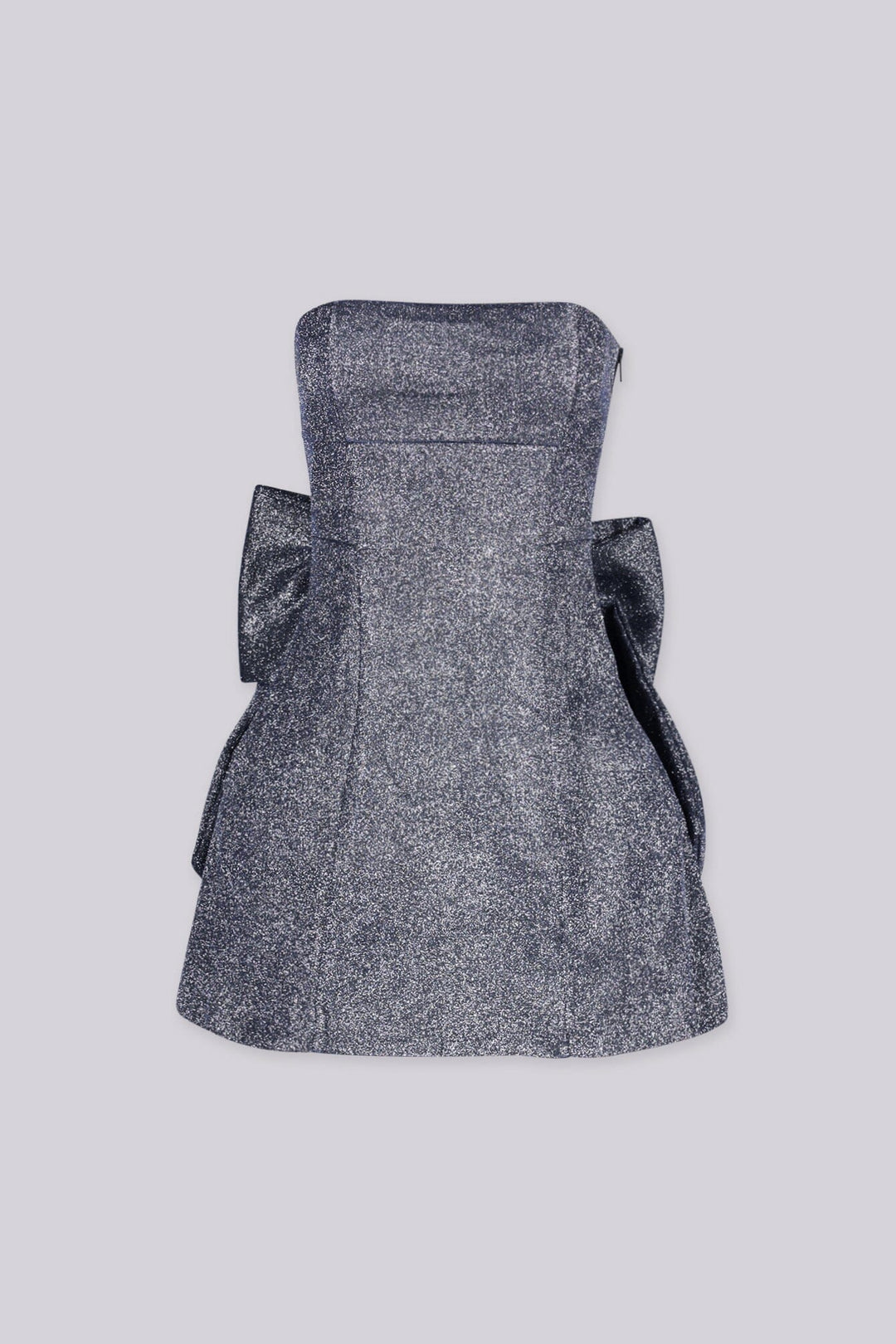 Strapless fitted bodice mini dress in shimmering glitter fabric with a structured straight neckline and vertical seaming through the torso