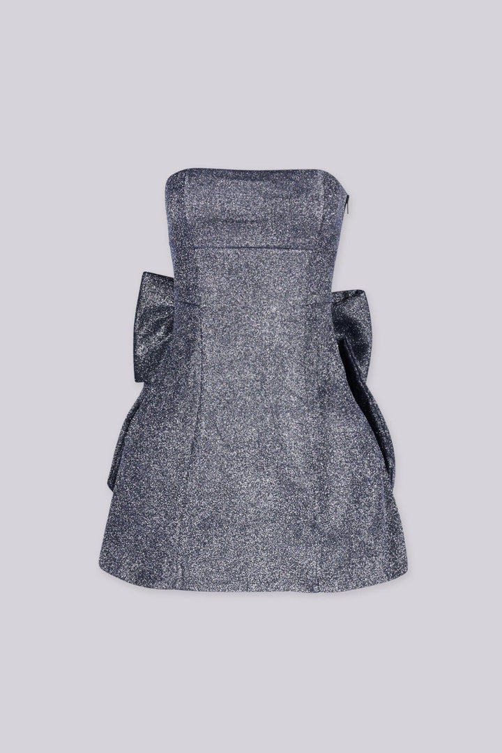 Strapless fitted bodice mini dress in shimmering glitter fabric with a structured straight neckline and vertical seaming through the torso