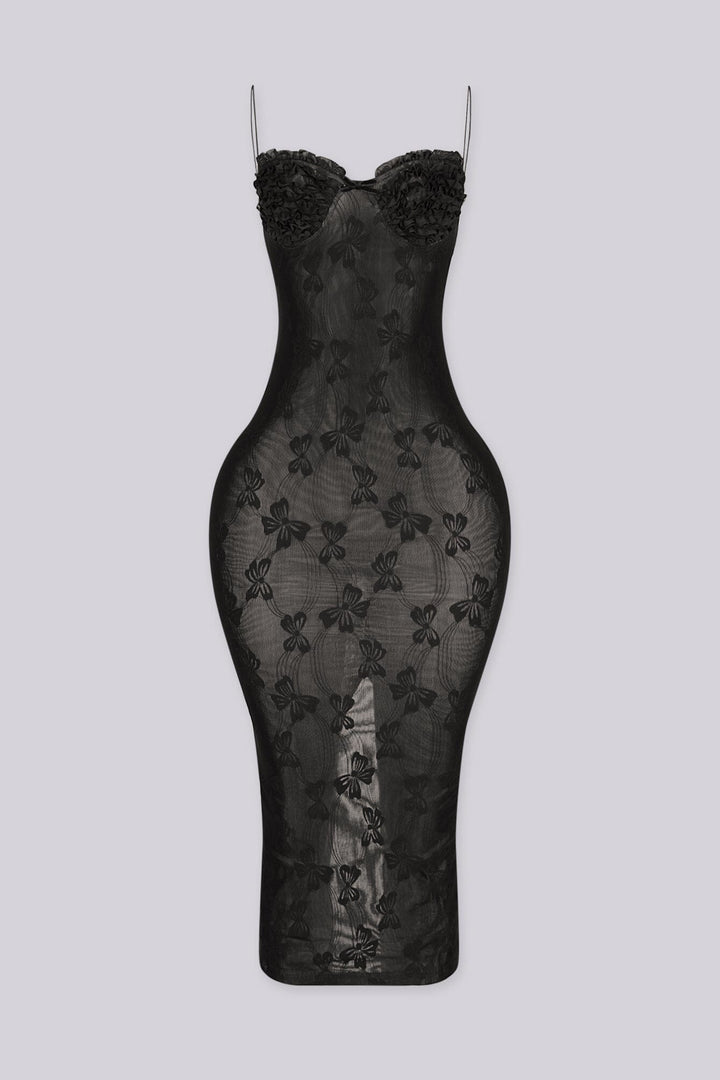 Sheer floral mesh midi dress with dimensional flower petal cups, front view