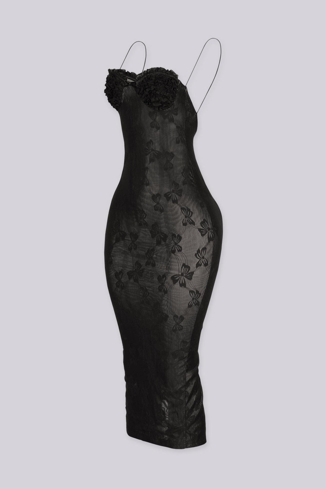 EDGEBYKS - Sheer floral mesh midi dress with dimensional flower petal cups, side view