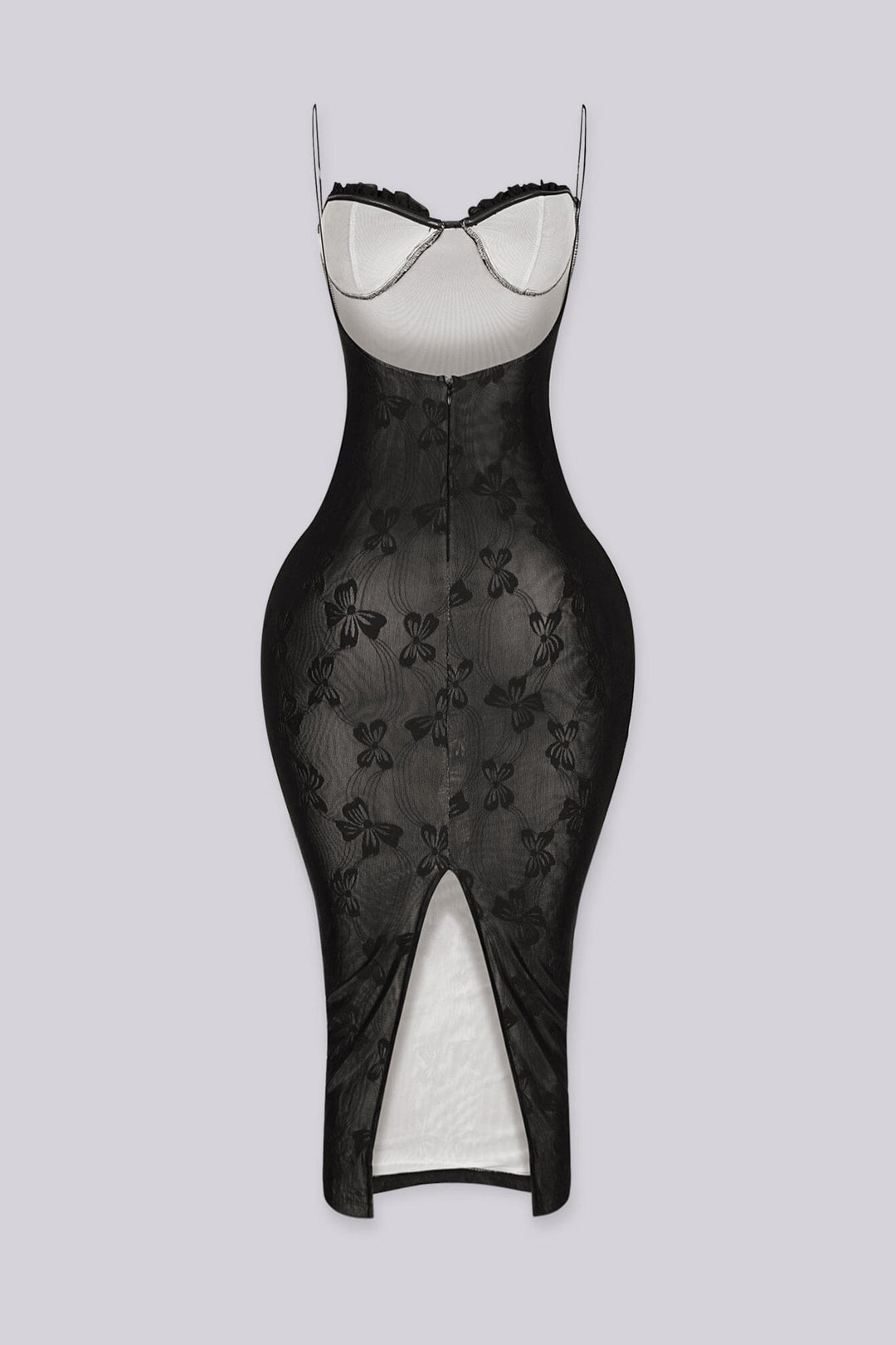 EDGEBYKS - Sheer floral mesh midi dress with dimensional flower petal cups, back view